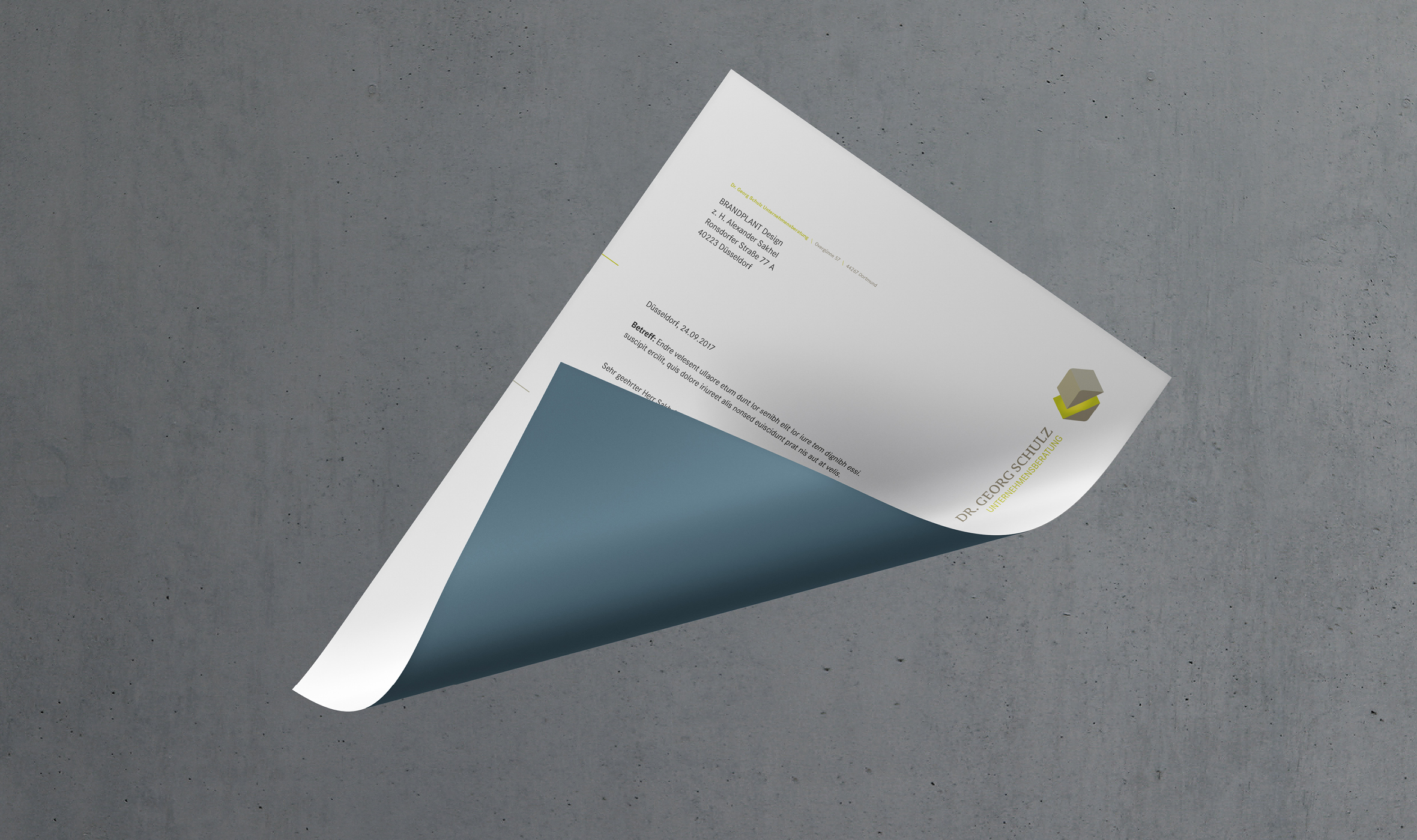 Dr. Georg Schulz, Unternehmensberatung, Logoentwicklung, Corporate Design, Stationery Briefbogen mit farbiger Rückseite Mood