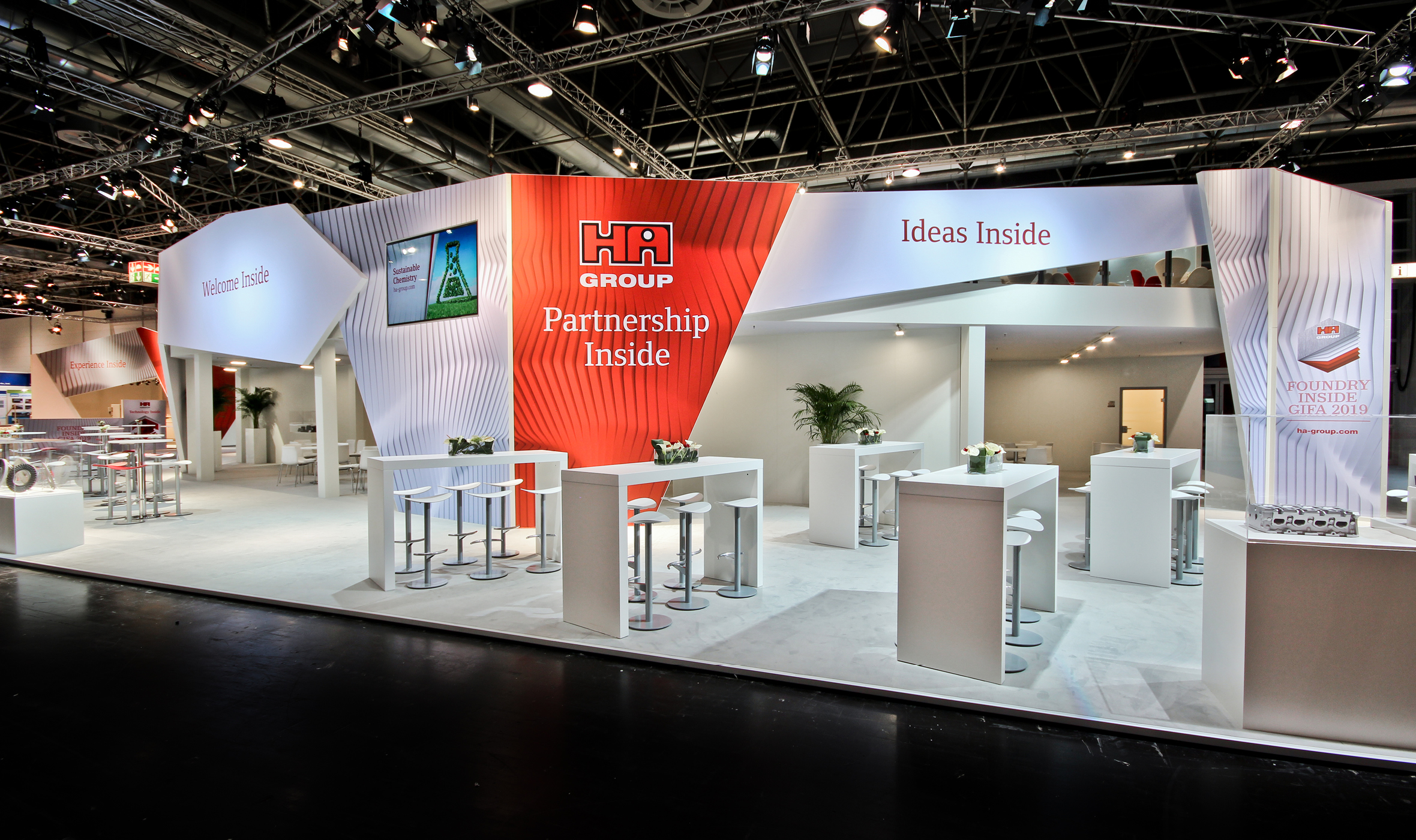 Hüttenes-Albertus Chemische Werke, HA Group, GIFA 2019, Giesserei Fachmesse, Messe, Trade Show, Konzept, Messe Design, Parametric, Vielschichtig, Facetten, innovative Giessereichemie, Messestand Teilansicht, Details, Exponate, Partnership Inside, Ideas Inside, Foundry Inside